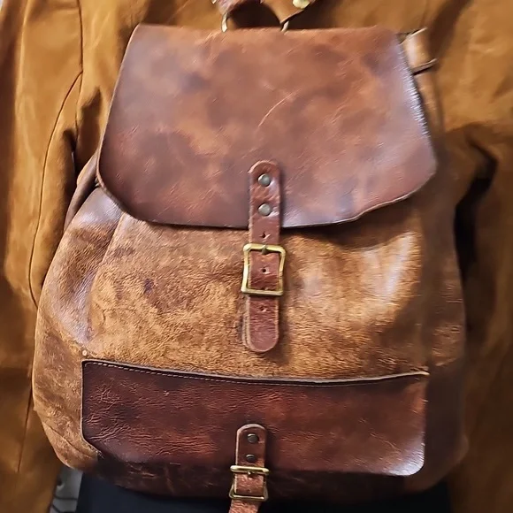 Vintage 1970s Leather Flap Closure Drawstring BackpackDay Backpack Carry On